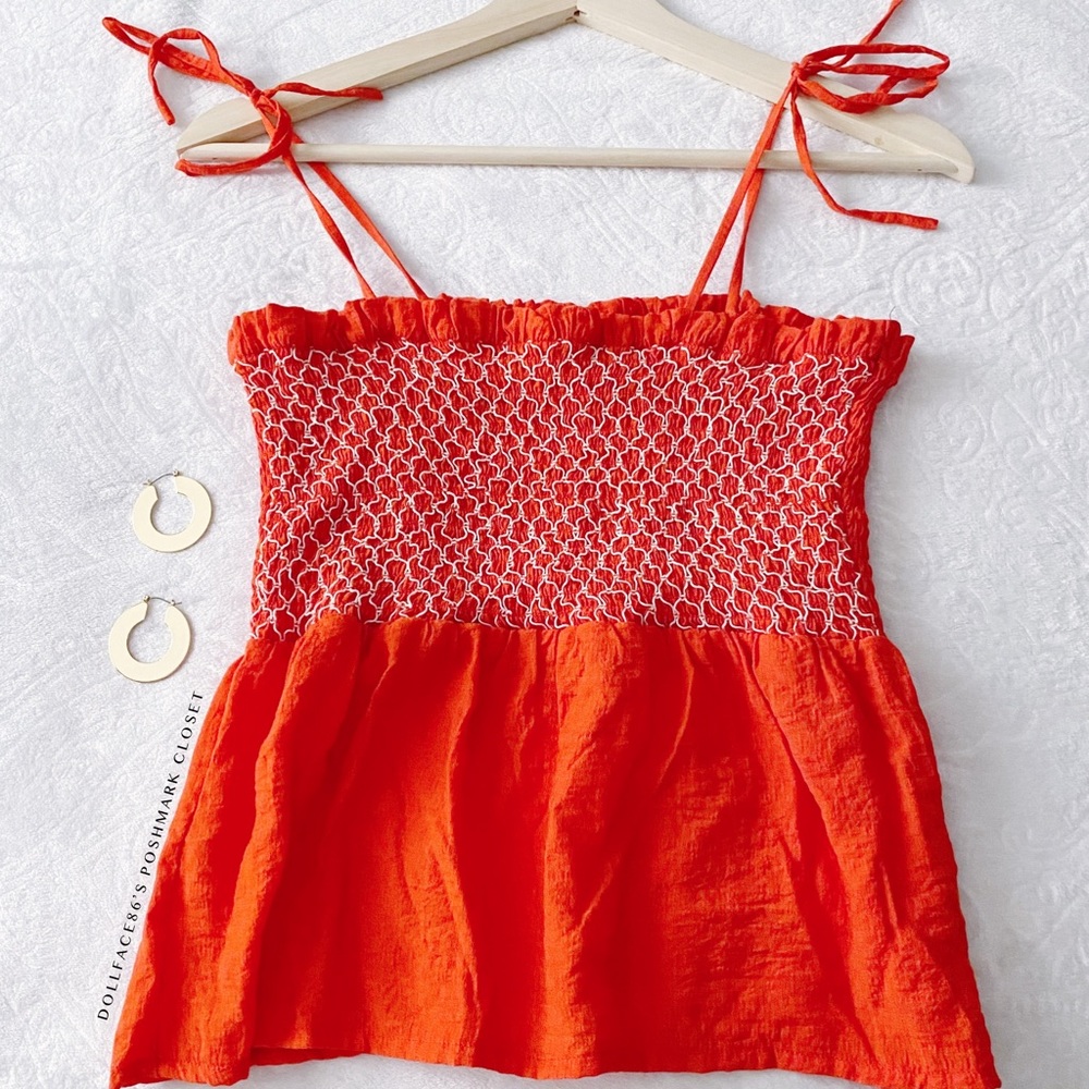Cute Orange Red + White Smocked Tank Top